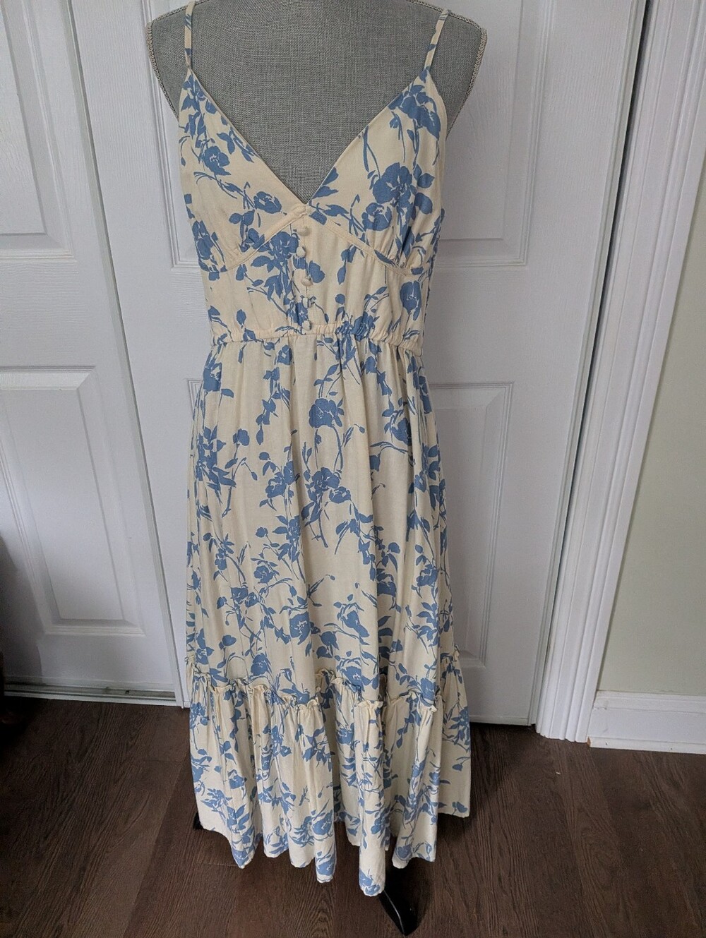 Floral V-Neck Maxi Dress in Cream and Blue